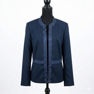 Oscar de la Renta Navy Blazer size 14 Collarless Open Floral Jacquard Trim $250